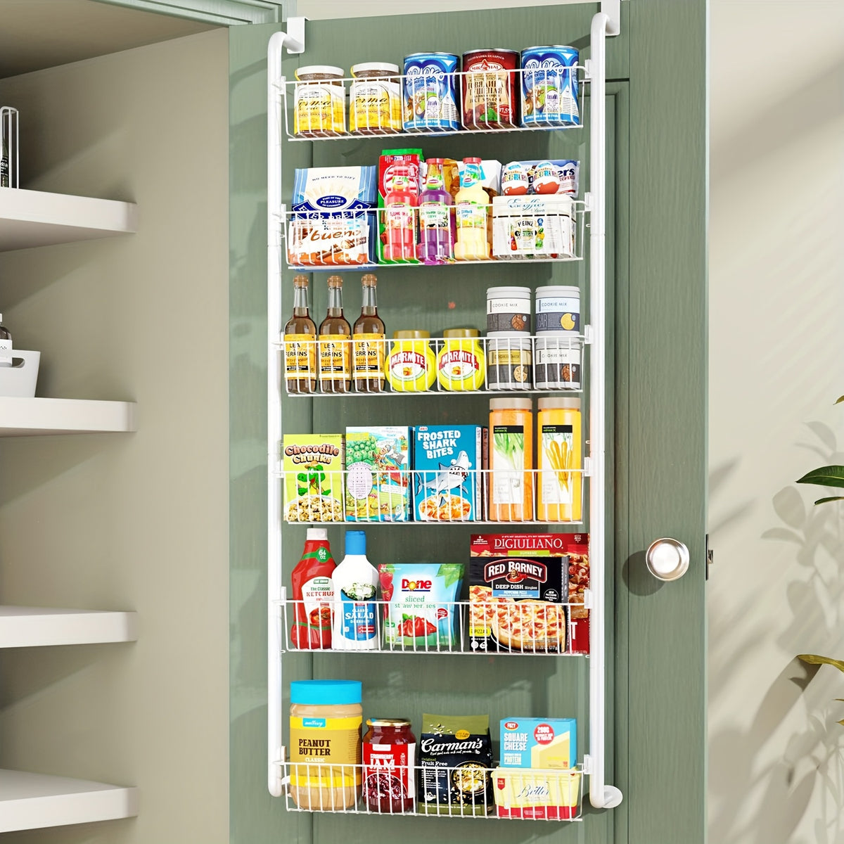Pantry Door Storage Organizer, 6 or 8 Tier Metal Basket Rack in Black or White for Spices, Snacks, Kitchen Essentials, Laundry and Bathroom Supplies
