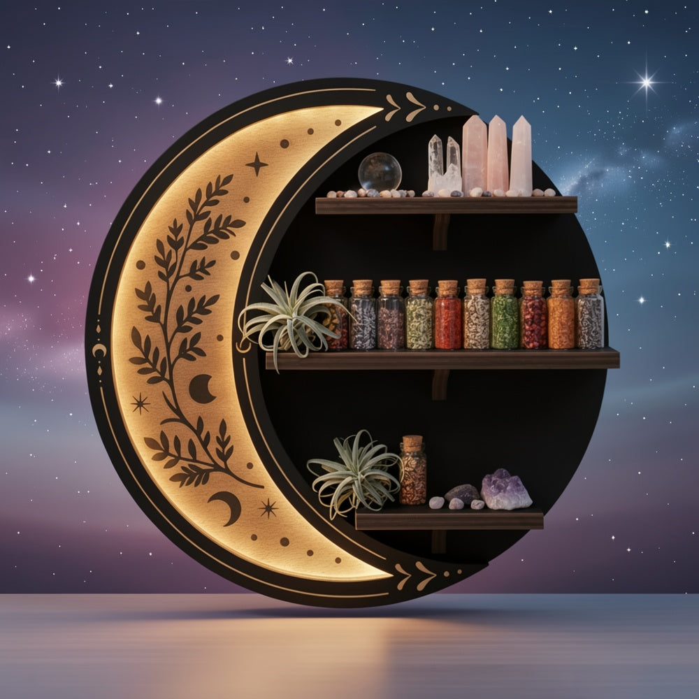 Moon Shelf Decor Cute Moon Floating Shelves with Light, Witchy Boho Room Decor Aesthetic Wall Shelf Small Display Racks Suitable for Crystal/essential Oil/collectibles, Rock Gem Stone Storage Organizer, Trinkets Holder, Unique Celestial Gift for Moon