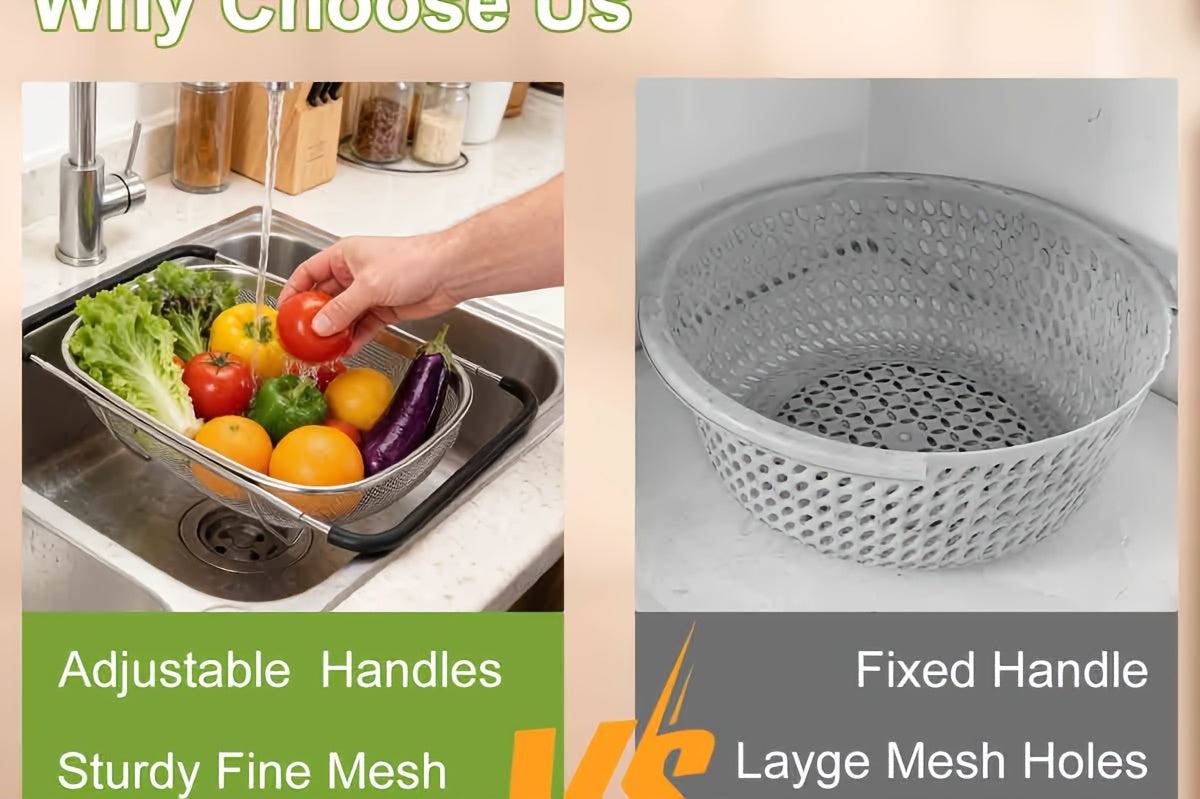 Expandable Stainless Steel Filter Over the Sink Colander - Strainers and Colanders - Sink Strainer Basket - Expandable Fine Mesh Strainer with Rubber Grip for Veggie, Fruits, Pasta, Home Kitchen Essentials
