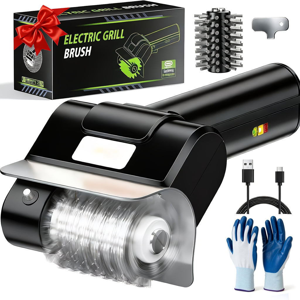 [Portable Outdoor BBQ Scrubber] Cordless Electric Grill Brush, 800 RPM Rotating Grill Cleaner, 2000Mah Rechargeable Battery, 304 Stainless Steel Bristles BBQ Cleaning Tool, Includes Replacement Brush Head And 1 Pair Gloves, Portable Outdoor Barbecue Grill