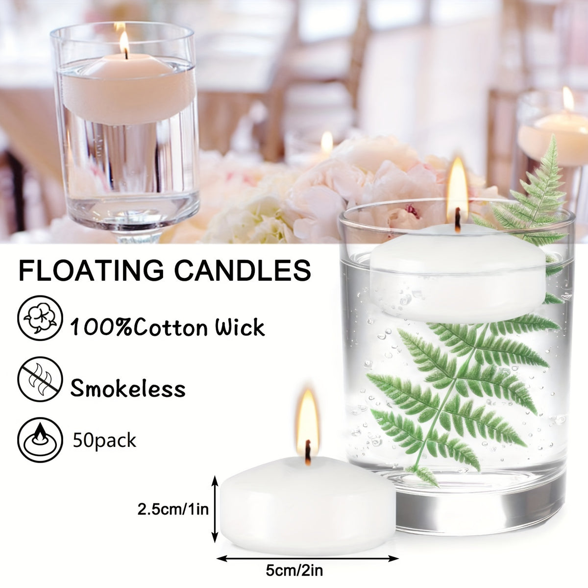 2-Inch 50-Pack Floating Candle (Approx. 1.97inch*0.79inch) Holiday Candles, Perfect for Weddings, Graduation Season, Back-to-School, Halloween, Christmas Decorations