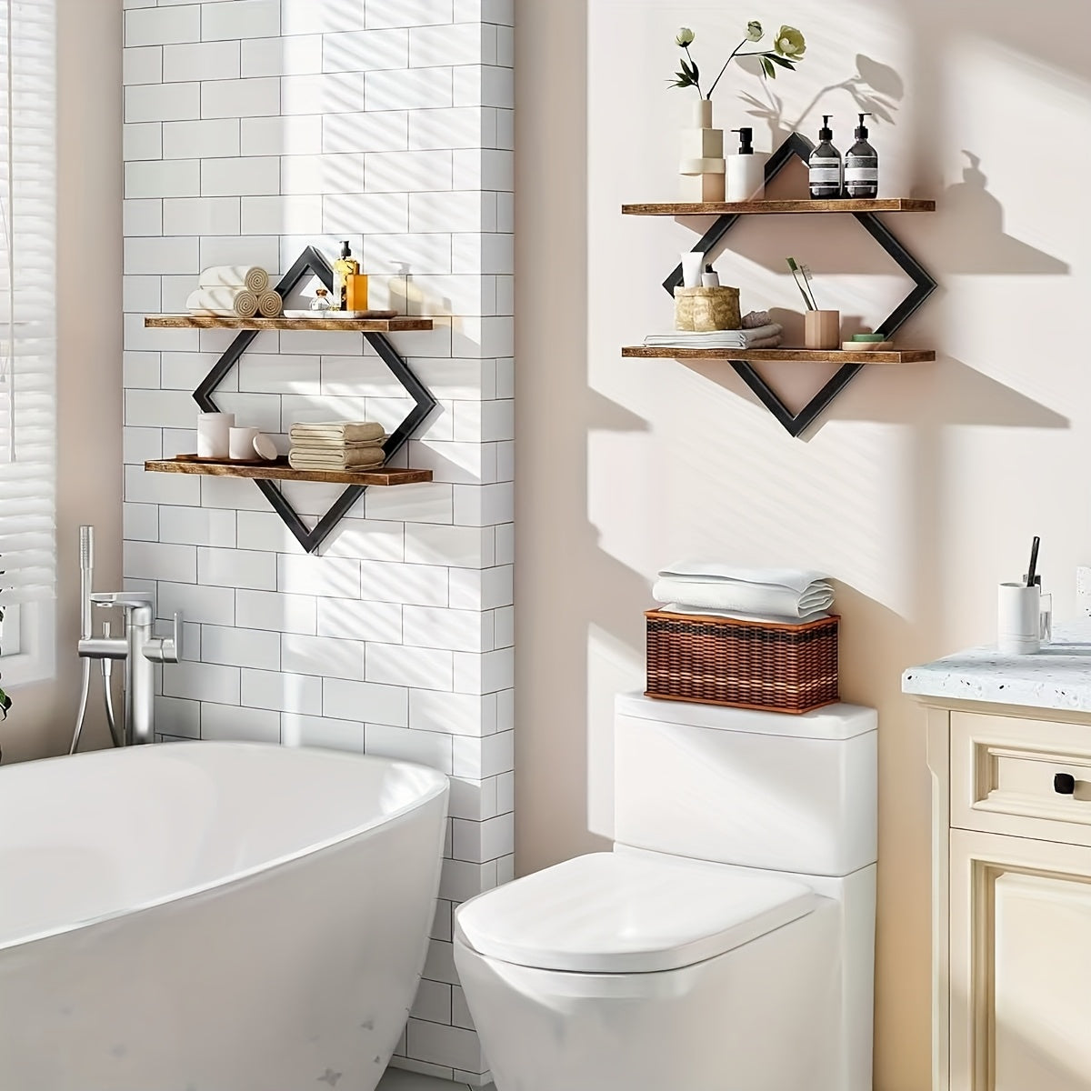 2/4pcs Double Layer Geometric Diamond Wall Floating Shelf Decorative Industrial Hanging Metal Wire Wooden Display Stand, Simple Style Wall Floating Stand, Artistic Style, Suitable for Living Room Kitchen, Floating Shelves