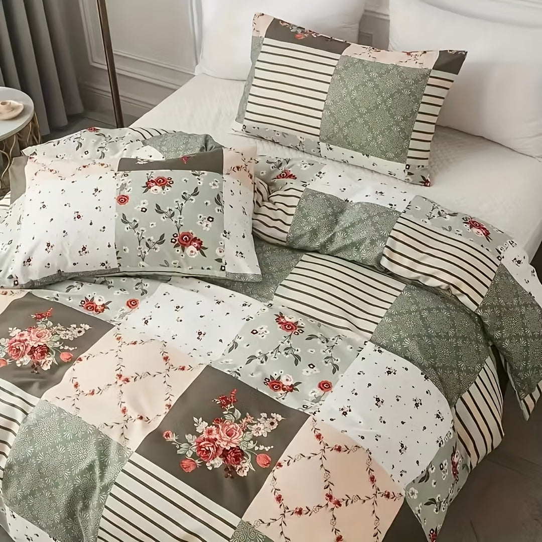 3pcs Floral Print Duvet Cover Set (1 X Duvet Cover And 2 X Pillowcases, Without Core), All-Season Lightweight Patchwork Kids Comforter Cover with Zipper, Pastoral Style Flower Plaid Patchwork Print bedding Comfortable Duvet Cover, for Kids Bedroom