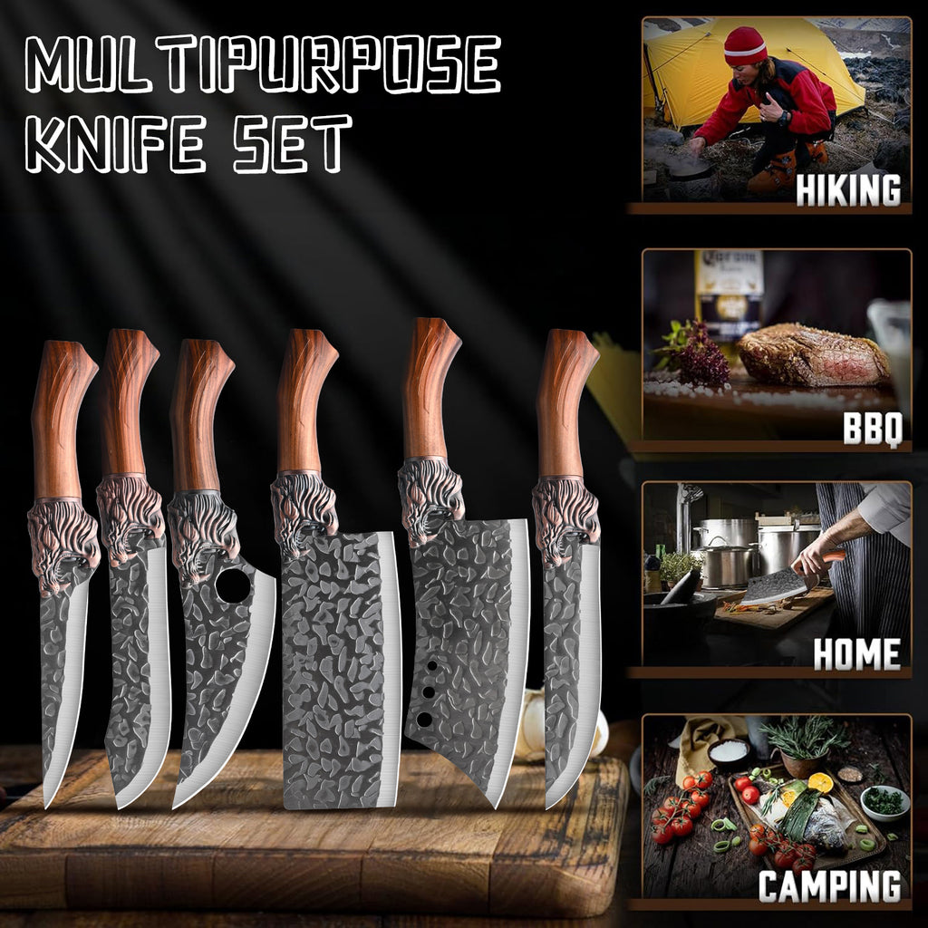 7pcs Chef Knife Set, Hand Forged Damascus Style Blade with Brown Wood Handle, V-shaped Sharp Blade, Suitable for Meat, Fish, Vegetables, Fruits, Professional Kitchen Knives, Suitable for Home Chefs And Chefs (ideal Gift) - Ergonomic Grip
