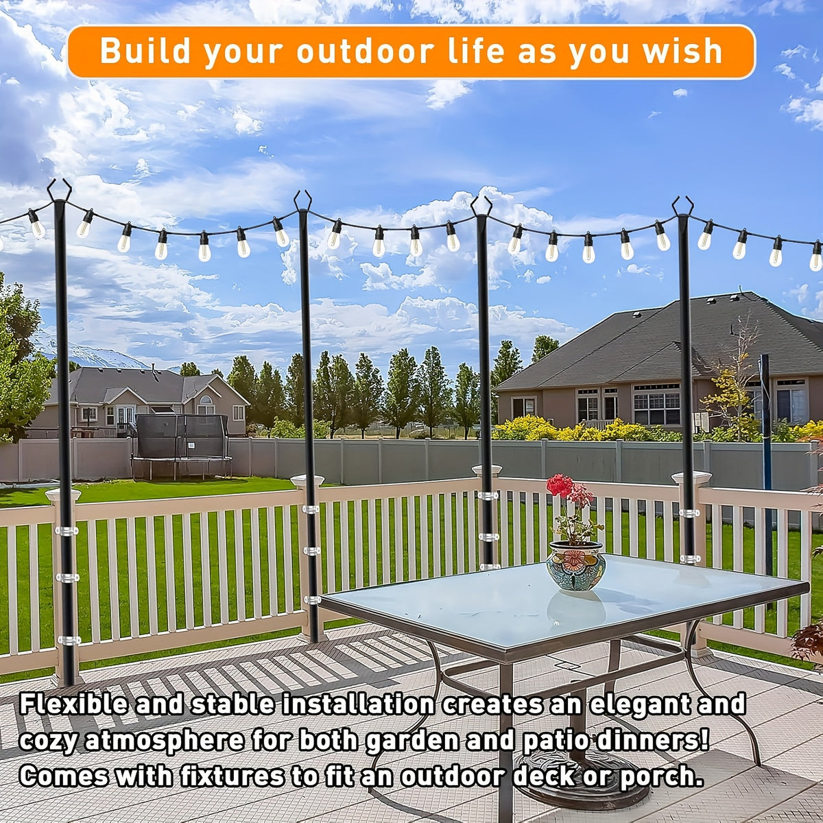 4 Pack 11.1FT String Light Poles With Metal Ground Stake, Heavy Duty Rustproof Metal Light Stand For Outdoor Garden Backyard Deck, Fall Autumn Harvest & Halloween Party Decor, Perfect For Wedding, Patio, Outside Holiday String Lights Support Poles