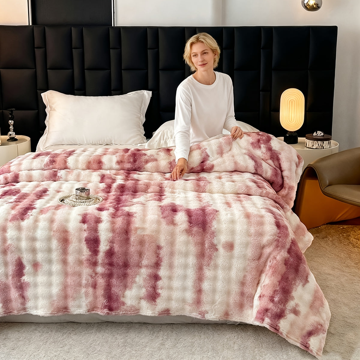 Soft & Warm Ultra-Soft Faux Rabbit Fur Tie-Dye Plush Throw Blanket - Reversible, Machine Washable for All Seasons, Perfect for Sofa, Bed, Living Room, Christmas,, 320GM Random Color