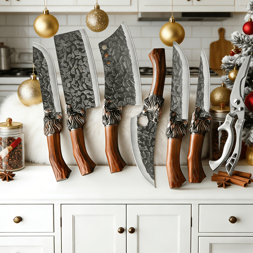 7pcs Professional Stainless Steel Kitchen Knife Set- Includes Boning Knife, Slicing Knife, Carving Knife, Fish Knife, Butcher Knife, And Scissors- Ultra Sharp, Suitable For Meat And Fish, Forged Set, Bone Knife, Multi-Piece Knife Set, Professio