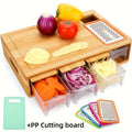 Bamboo Cutting Board with Trays, Raised Kitchen Prep Station with Food Transfer Opening and Integrated Handles for Vegetables, Fruit and Meal Preparation