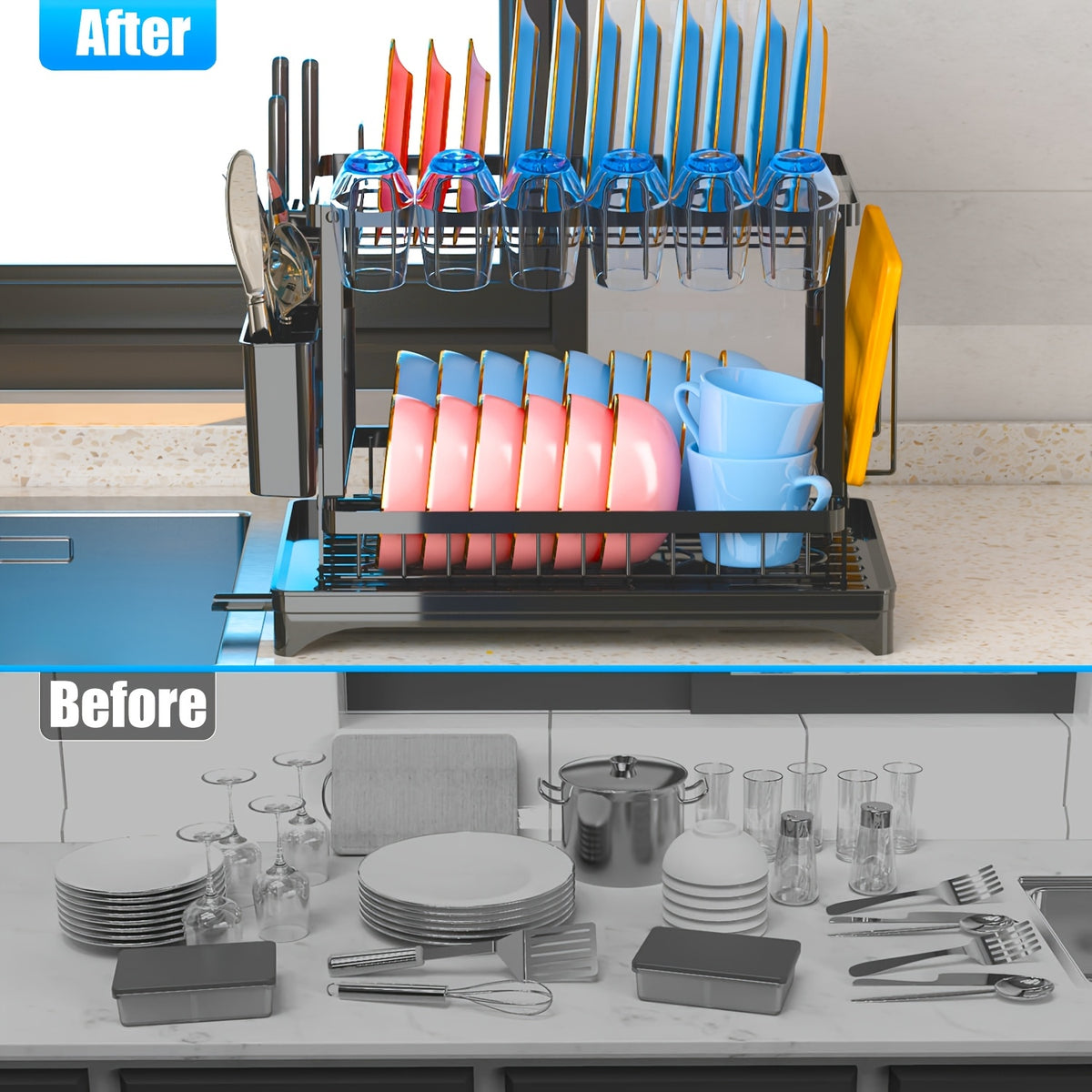 Dish Rack, 2 Tier Utensil Holder, Rustproof Kitchen Dish Drying Rack With Drainboard And Utensil Holder For Kitchen Countertop, Kitchen Accessories