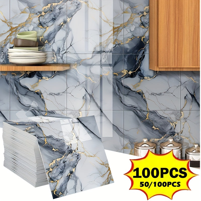 50/100pcs Stick Shower Tiles, Waterproof PVC Wall Panels, Marble Wall Tiles Self Adhesive Vinyl Backdrop for Bathroom, Kitchen, Living Room, Easy Peel & Stick, Ideal for TV Backdrop, Bathroom Wallpaper, Modern Wall Decor, Easy Installation