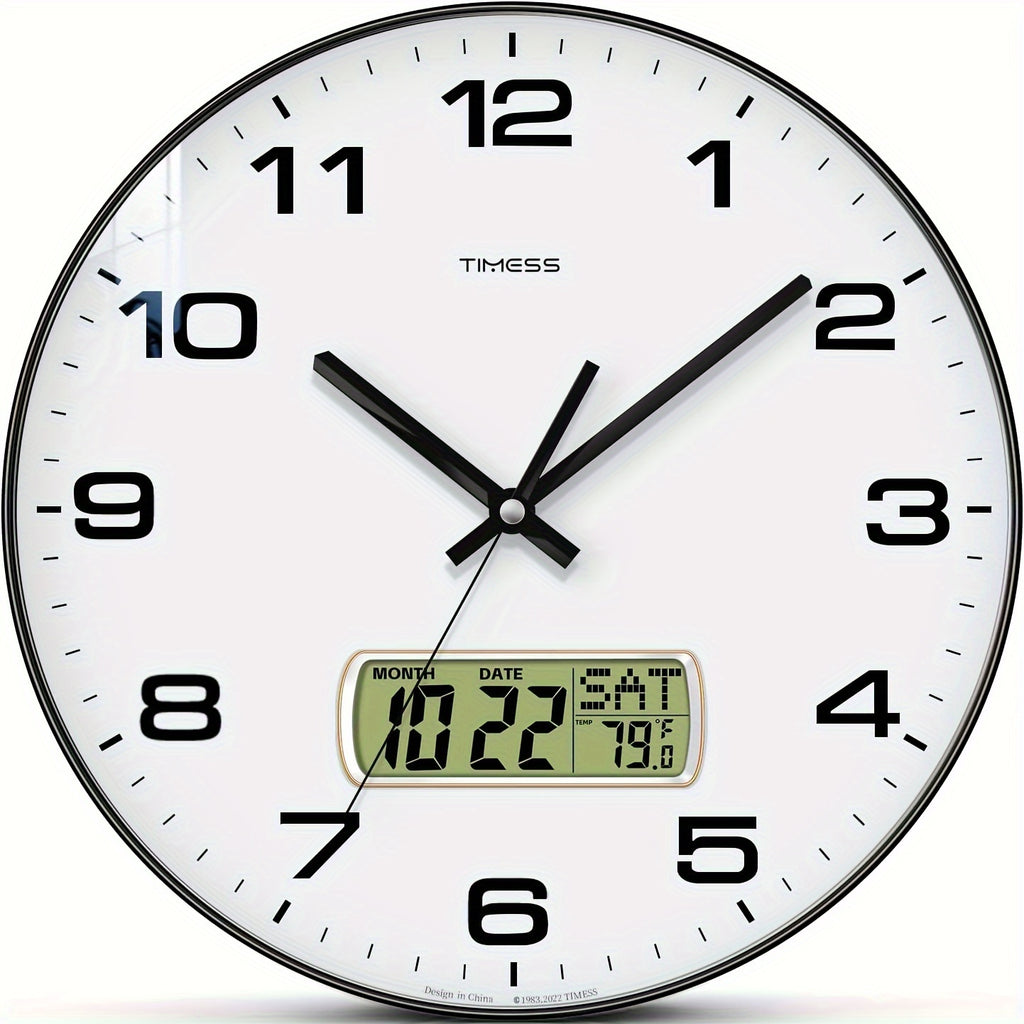 TIMESS calendar display analog wall clock, 10/12/14 inch 4-color large dial silent, can display perpetual calendar and Fahrenheit temperature, bedroom, office, school decoration