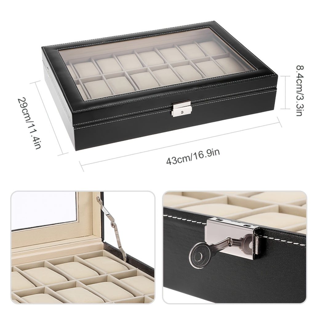 Watch Box, 24 Slots Watch Case, Watch Box Organizer Jewelry Storage with Large Glass Lid, Watch Display Case, Watch Box for Men & Women, Decorative Jewelry Boxes