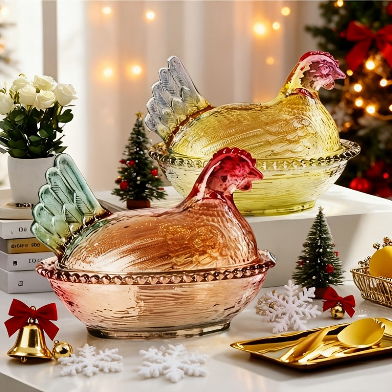 Adorable Candy-Colored Chicken-Shaped Crystal Glass Storage Jar with Lid and Placemats - Perfect Table or Desk Ornament Decorative Dish - Ideal for Candy, Snacks, Jewelry, or Desktop Decor, Organizing Supplies, Kitchen Accessories - Home Storage