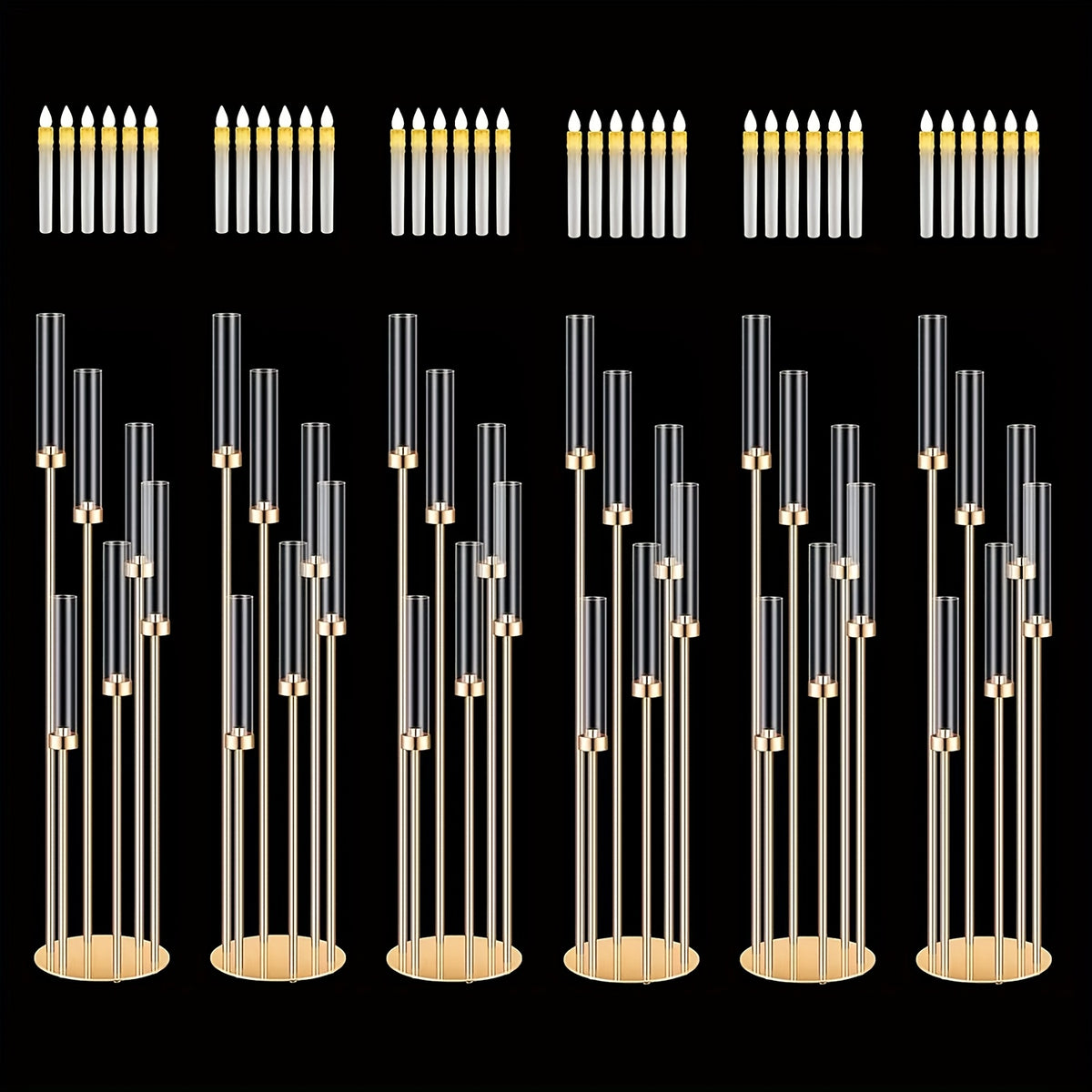 2 Sets Floor Candelabra 6 Arms 46'' Tall Candle Holder with 12pcs LED Candle for Valentine's day, Candelabra Centerpieces for Table, Metal Candlestick Set with Acrylic Lampshade for Wedding Decor (Golden) Seasonal Holiday Decoration,Candleholders