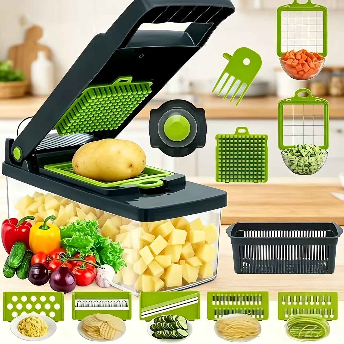 22pcs/16pcs Vegetable Chopper: Multifunctional Food Slicer Dicer Cutter With 8 Blades, Grey Container Included Convenient Cutting Of Food In The Kitchen