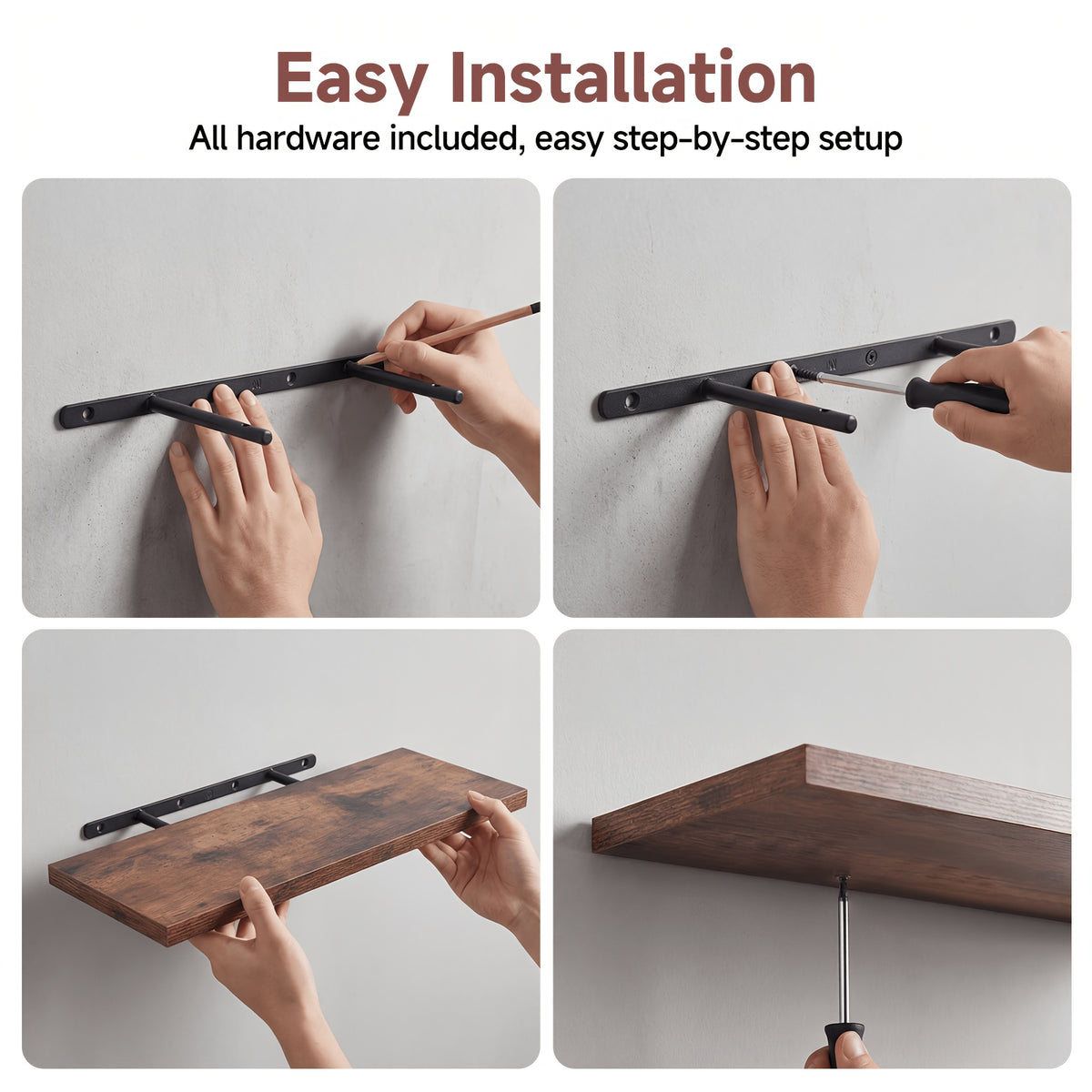 4pcs 15.8in Floating Shelves for Wall, Brown Wall Mounted Shelf with Invisible Shelf Bracket, Wall Shelves for Bathroom, Living Room, Bedroom, Kitchen, Office Decor