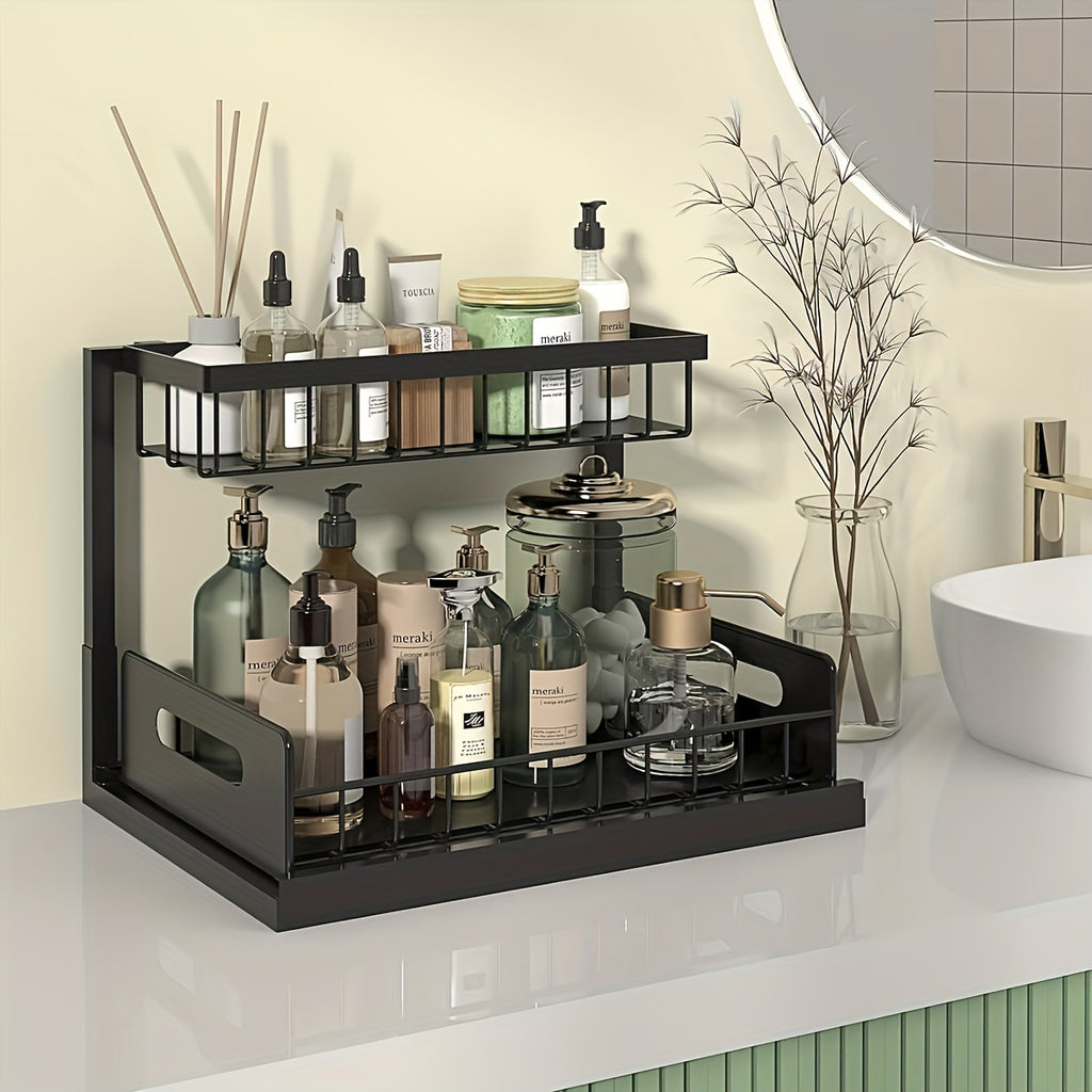 Two-Tier Under-Sink Organizer Featuring a Sliding Drawer, Metal Pull-Out Storage Rack for Kitchen, Bathroom, Or Closet, Designed for Space Efficiency And Easy Access