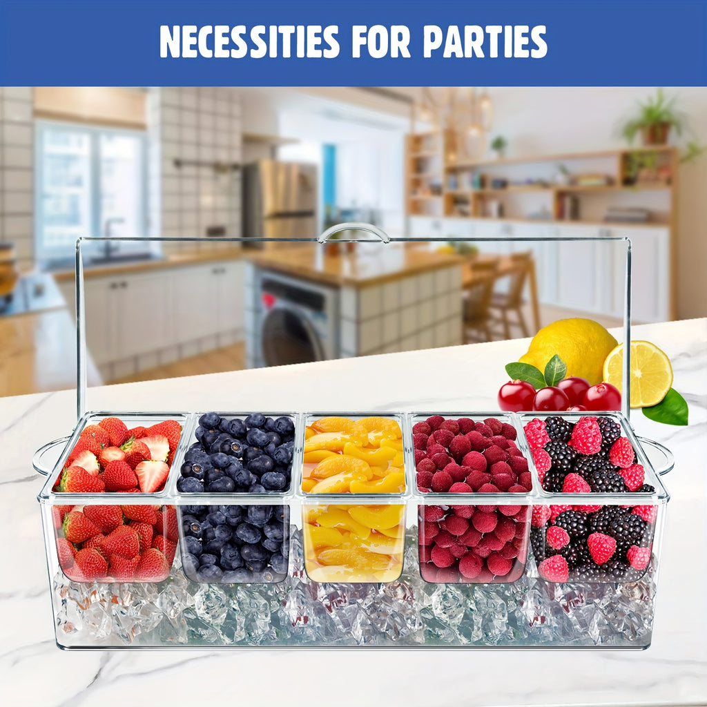 For Bar Serving Tray on Ice with 5 Compartments Container, 5 Forks And 3 Pliers, Fruit Trays for Serving, Garnish Platters with Lid, Cold Seasoning Storage Box for Bar for Parties, Clear