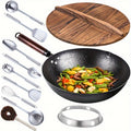 Carbon Steel Wok with Lid and 11 Accessories, 12.6 Inch Flat Bottom Chinese Stir Fry Pan for Induction, Electric, Gas and Halogen Stoves