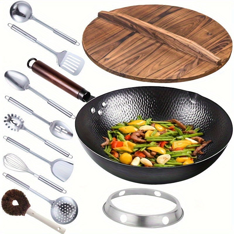 Cast Iron Wok with 11pcs Cookware Accessories, Chinese Wok Pan 12.6 Inch, Stir-fey Pan, Flat Bottom Carbon Stell Wok,, for Induction, Electric, Gas, Halogen, All Stoves, Kitchen Utensils, Kitchen Gadgets, Kitchen Accessories, Home Kitchen Items