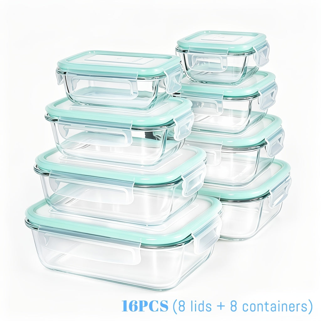 16pcs (8 Lids And 8 Containers) Sealed Glass Food Storage Containers, Lunch Boxes, Microwave Ovens, Ovens - Perfect for Salads, Fruits, Vegetables, And Sandwiches, Lunch Boxes | Sealed Storage | Durable Glass, Food Storage Containers