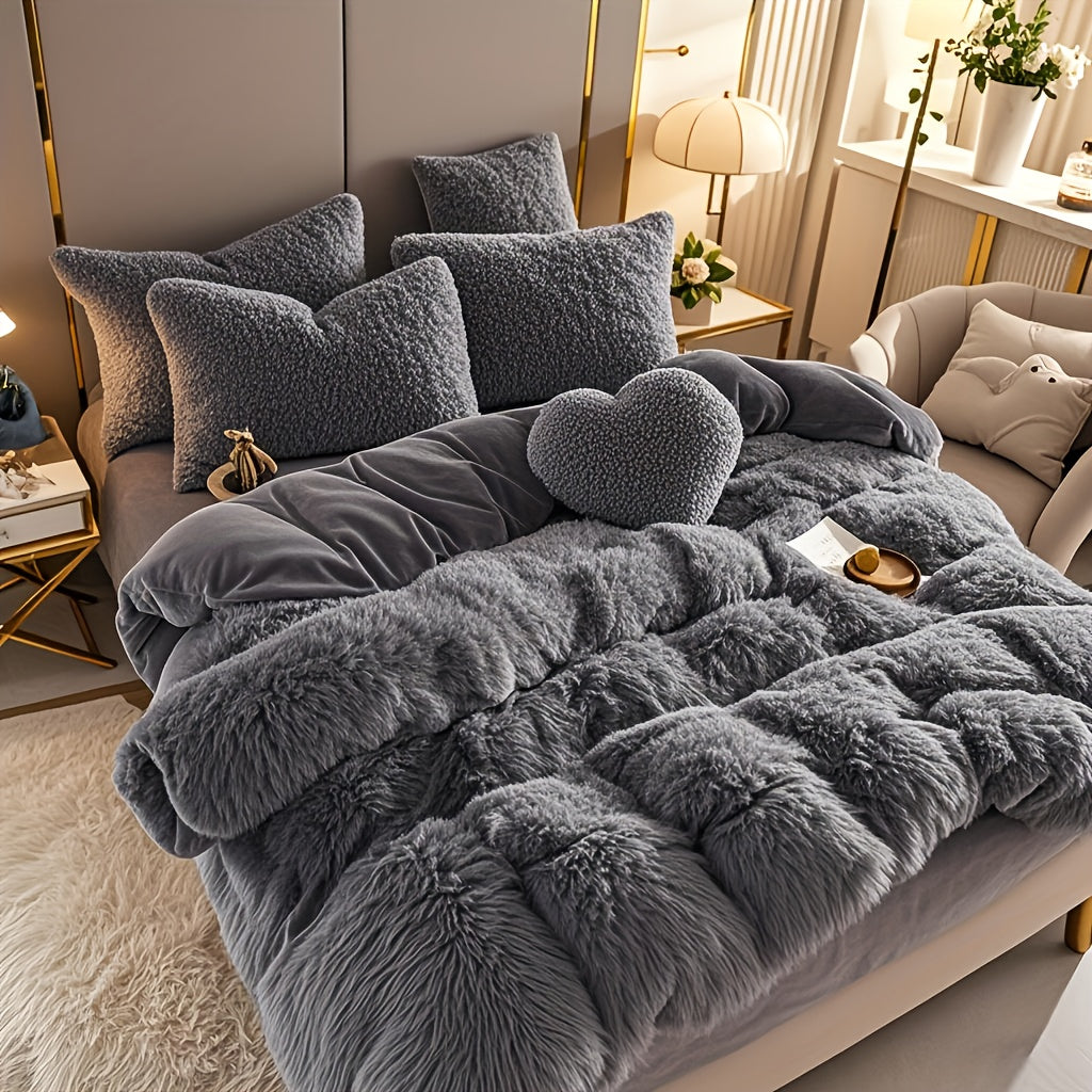 4pcs Fluffy Comforter Cover Set Queen King, Soft Plush Duvet Cover Set with Pillow Shams, All Season Cozy Bedding, No Insert