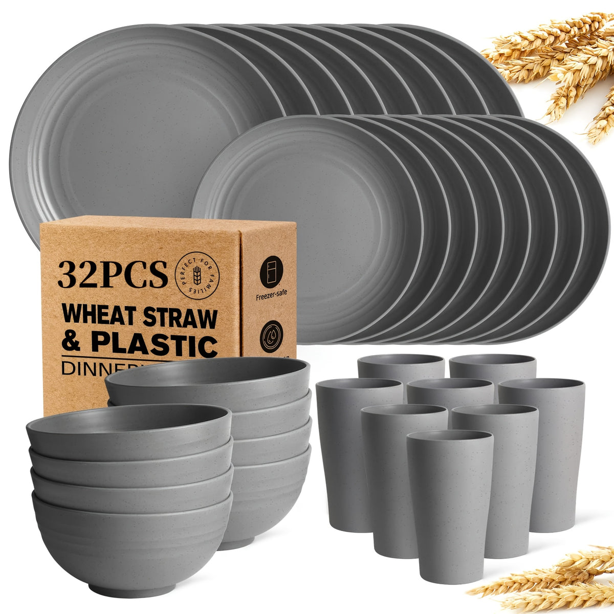 32/16pcs Wheat Straw Tableware Set, Round Plates, Dessert Plates, Bowls And Cups, Unbreakable Plates And Bowls Set, Service for 8/4, Dishwasher Safe, Durable And Lightweight And Easy-Clean for Kitchens, Rvs, Camping, And Outdoor Use
