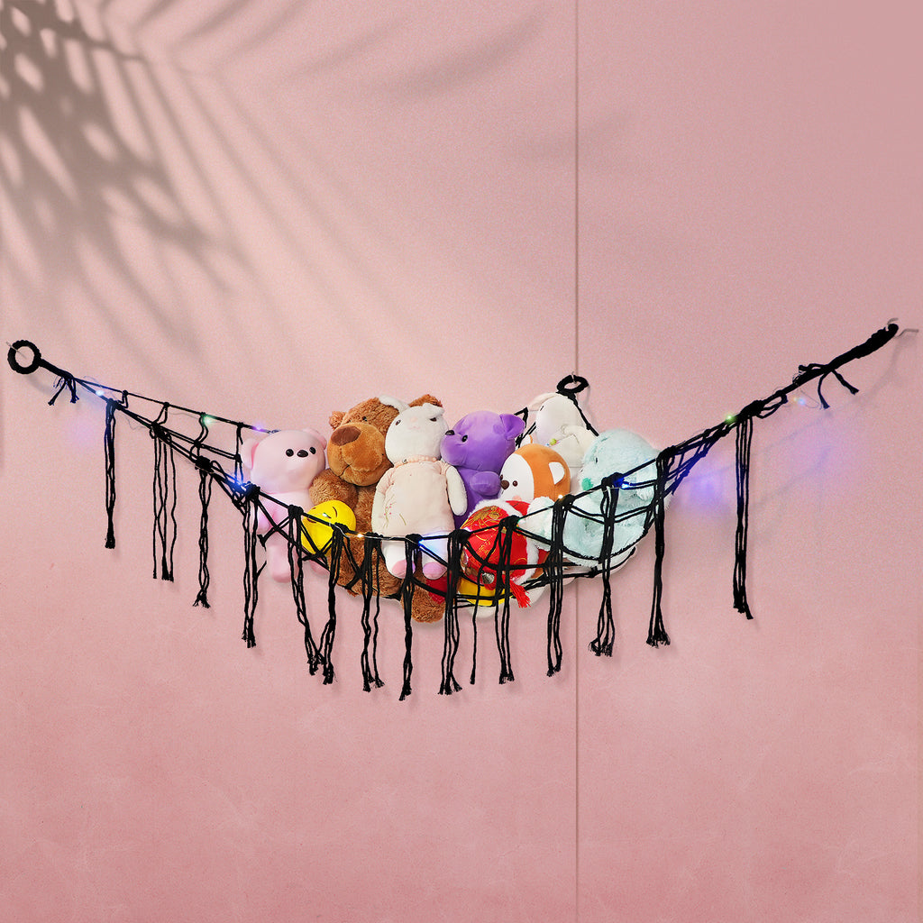 Stuffed Animal Storage Hammock with Lights, Polyester Corner Hanging Plush Toy Net with 3 Hooks in Pink, Blue, White or Black for Bedroom Organization