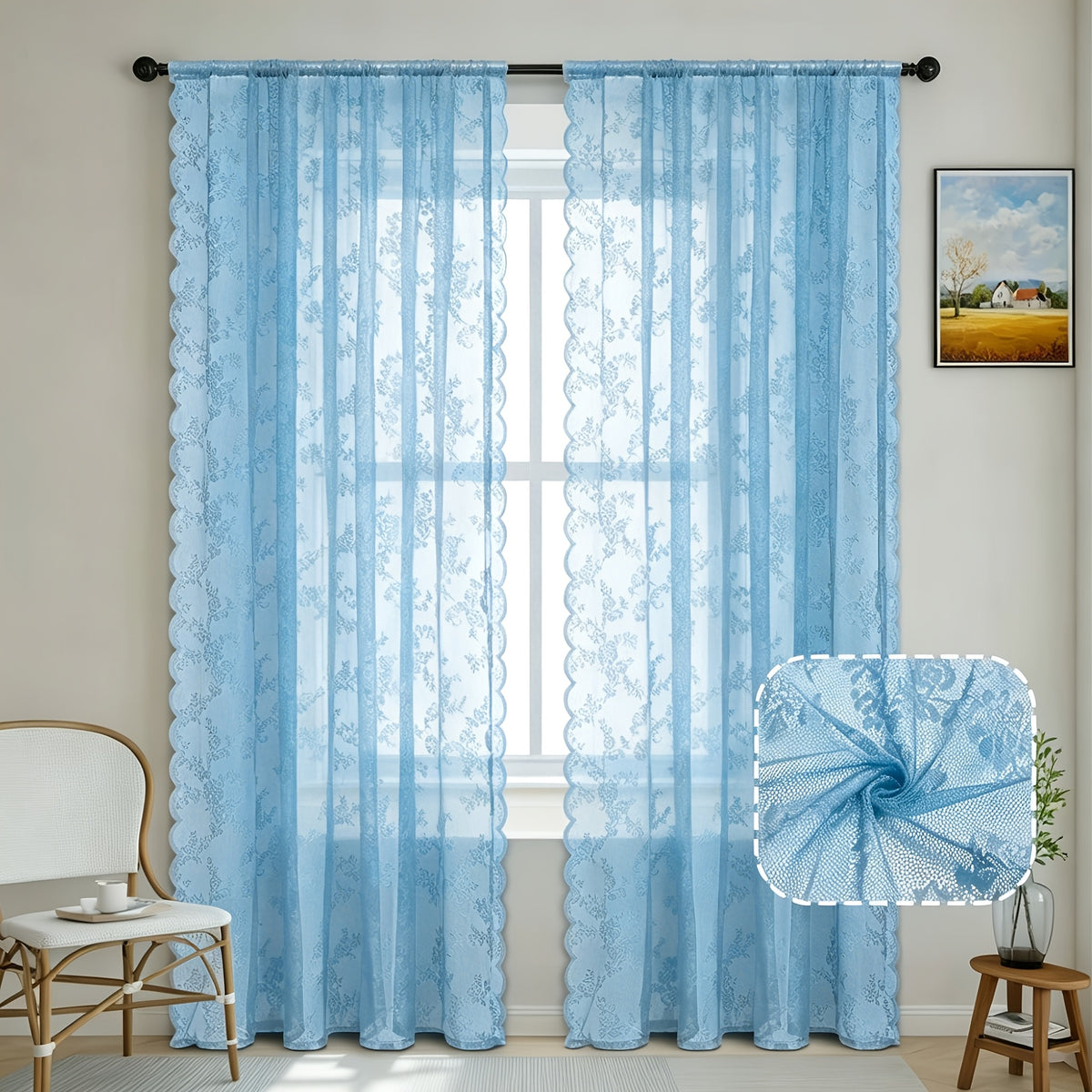Set of Two White Lace Curtains with Floral Designs, Featuring a Bohemian Style And Semi-Transparent Fabric That Filters Sunlight. Suitable for All Seasons