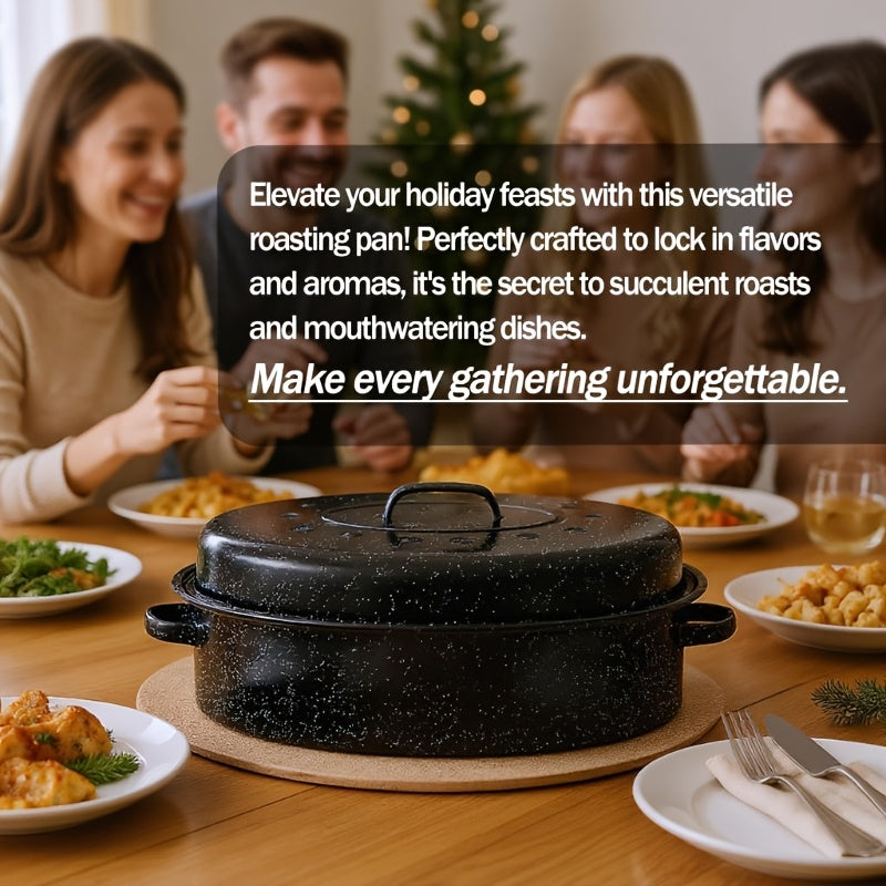 Granite Enamel Roasting Pan with Lid, Large Nonstick Carbon Steel Turkey Roaster for Oven, Chicken Roasting Pan, Soup Stew Bakeware,Black/Red Cooking Soup Pot