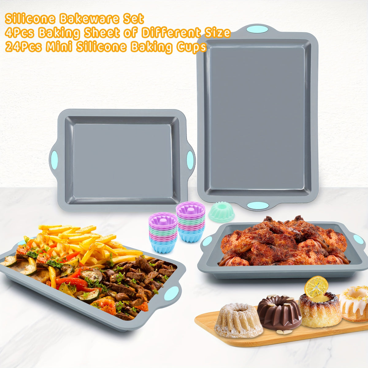Silicone Baking Pans Set, 4 Pieces Nonstick Bakeware Set With Baking Pans, Baking Sheets, Cookie Sheets, Cake Pan With Grips And Metal Reinforced Frame More Strength