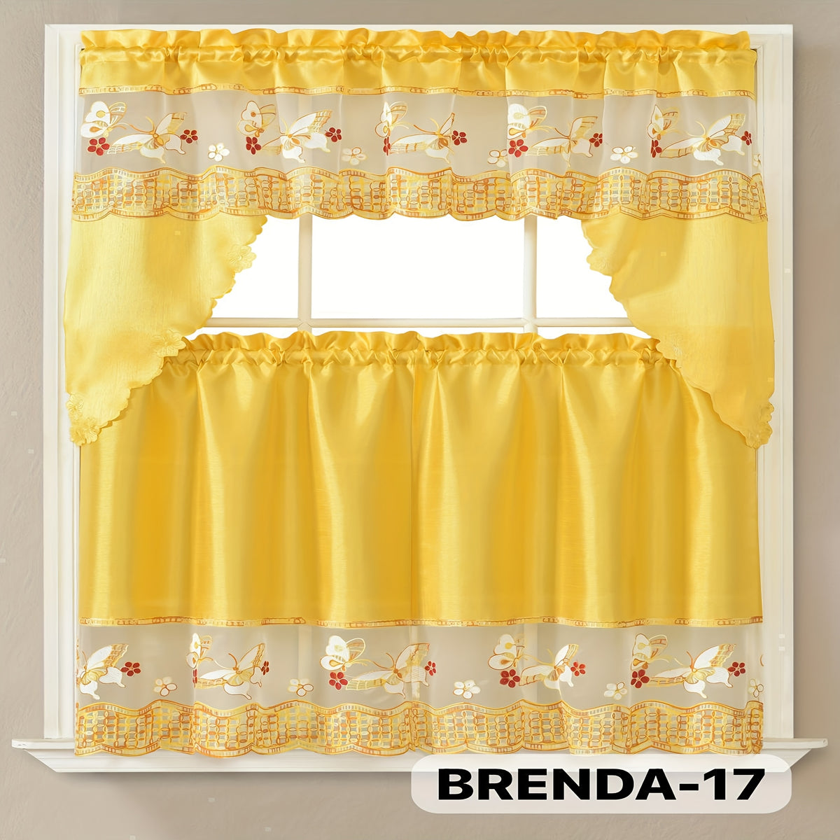 3pcs Bamboo Embroidered Kitchen Curtain Set, Floral Embroidery, Lightweight and Soft, Easy Care, Machine Washable, Satin Fabric, Embroidered