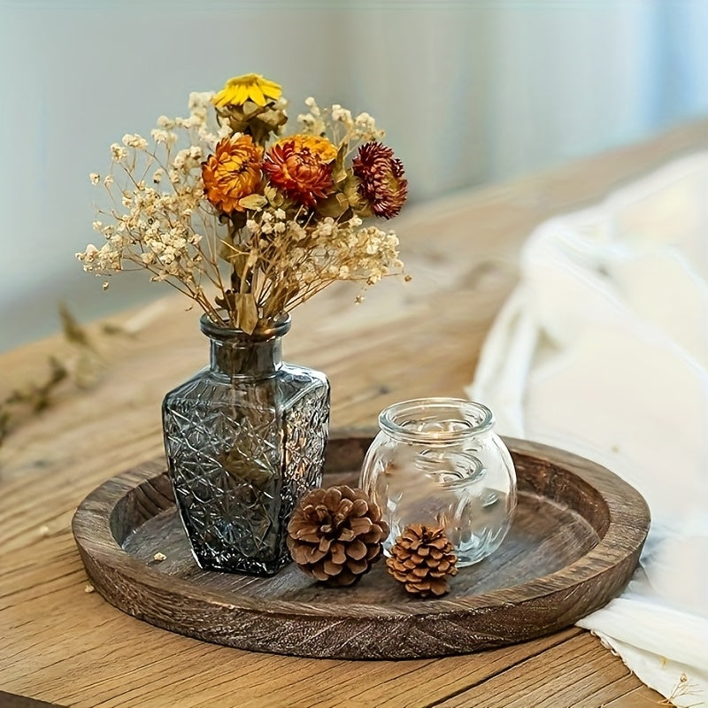 Rustic Round Wooden Decorative Tray, Distressed Wood Serving Tray for Coffee Table, Farmhouse Ottoman Tray for Living Room, Kitchen Counter Decor, Candle Holder Base, Non-Food Contact