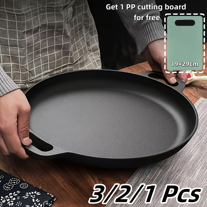 1/2/3pcs Cast Iron Pan, Pre Seasoned, Outdoor Camping Cookware Multifunctional, Non-stick, for Pizza Lovers, Home Kitchens, Outdoor Cooking, Durable, Even-Heating, Versatile, Compatible with All Stoves, Perfect for Home Kitchens And Outdoor Cooking