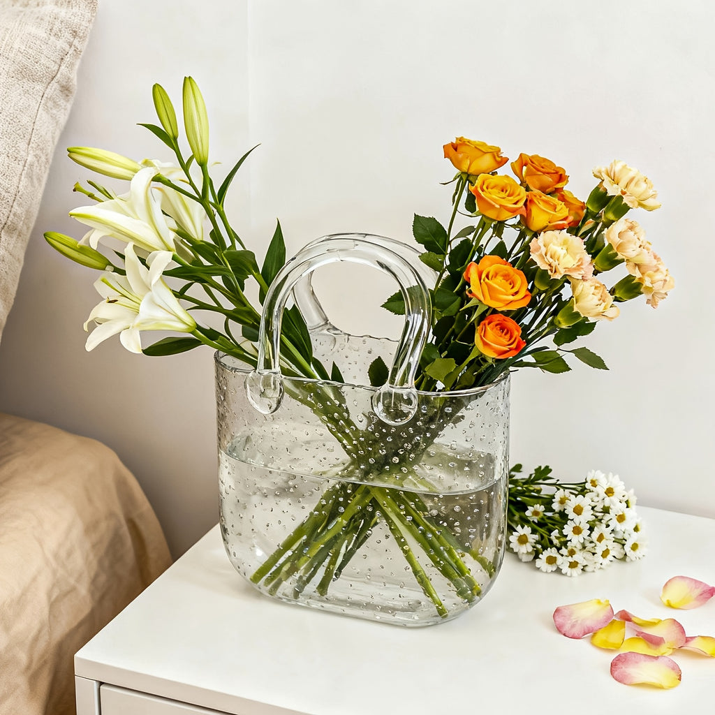 WHONLINE 1/2pcs Glass Purse Vase for Flowers, Glow-In-The-Dark Vase, Fish Bowl with Bubble, Clear Bag Vase with Handle And Bubbles, 7.7X3.9X10.4In, Unique Decorative Vases for Centerpieces Wedding Table Decorations, for Christmas