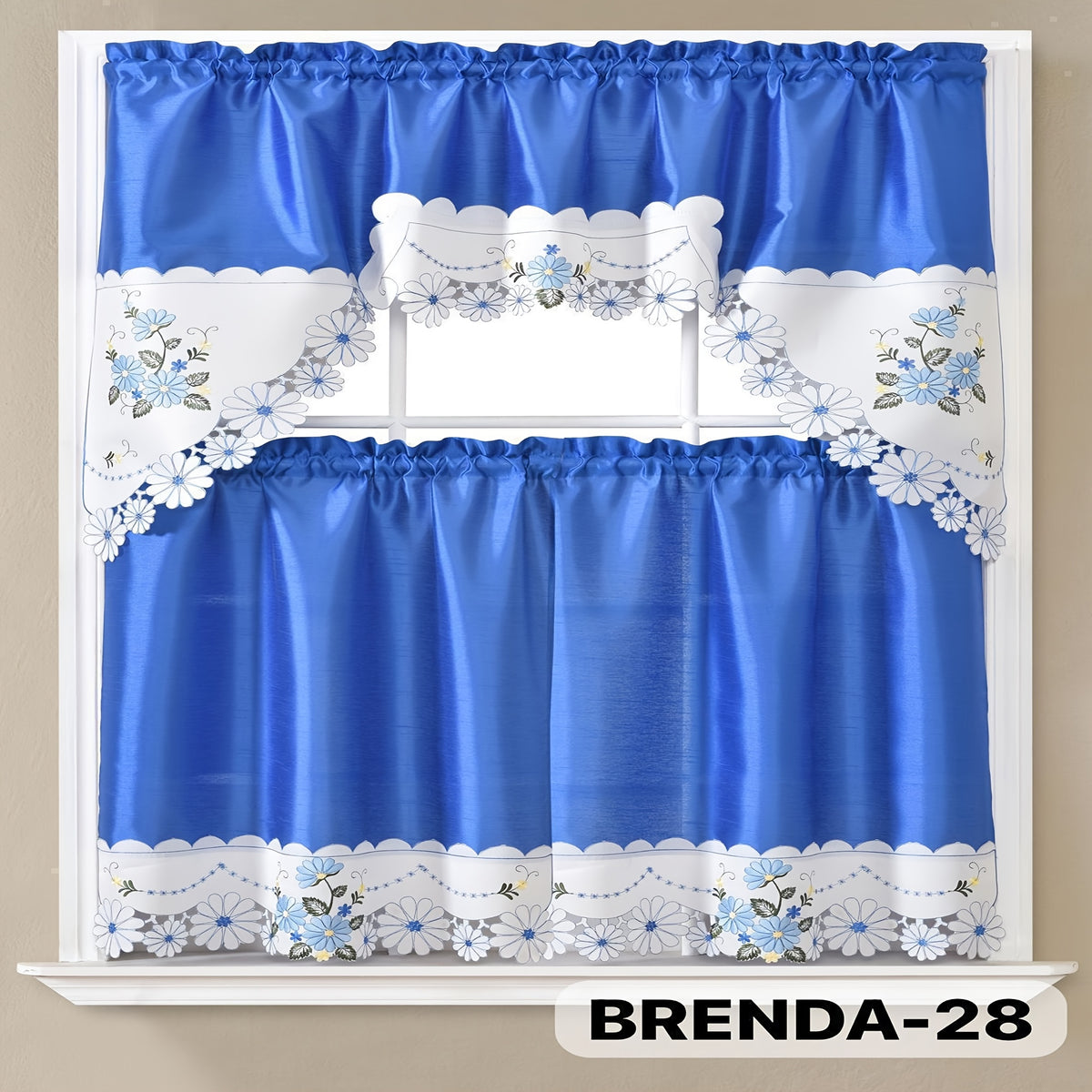 3pcs Bamboo Embroidered Kitchen Curtain Set, Floral Embroidery, Lightweight and Soft, Easy Care, Machine Washable, Satin Fabric, Embroidered