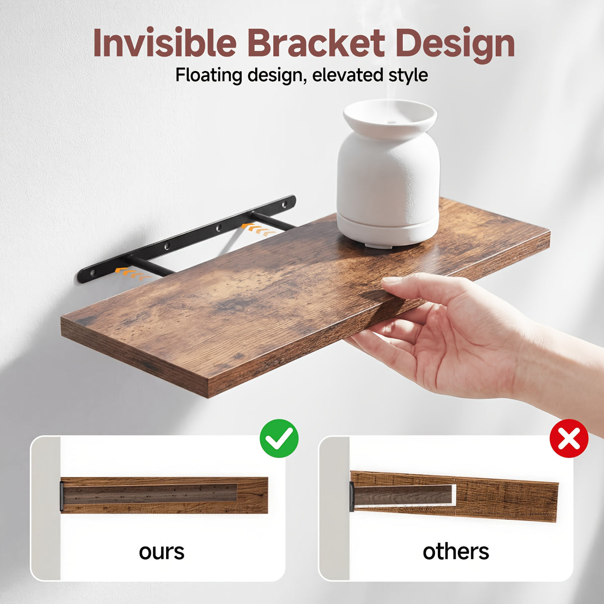 4pcs 15.8in Floating Shelves for Wall, Brown Wall Mounted Shelf with Invisible Shelf Bracket, Wall Shelves for Bathroom, Living Room, Bedroom, Kitchen, Office Decor