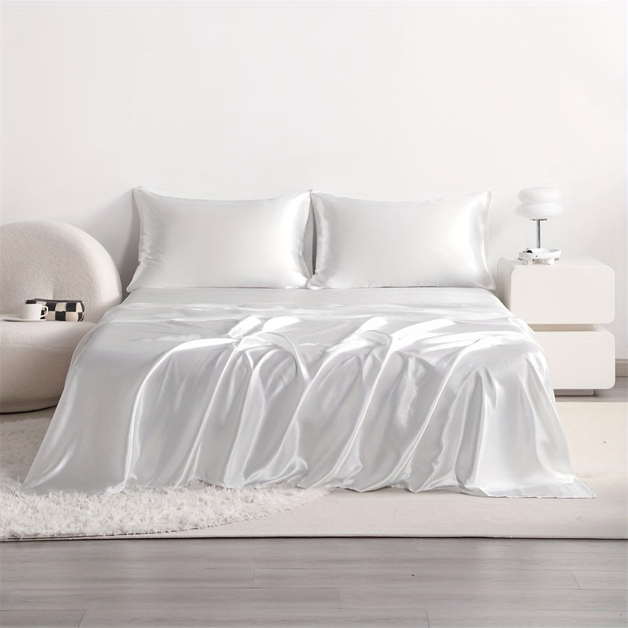 4pcs Cooling Satin Bed Sheet Set, Shrink-Resistant, Fade-Resistant, Hypoallergenic, Breathable,Flat Sheet & Fitted Sheet & Pillowcase Set with Deep Pocket, 300 Gsm