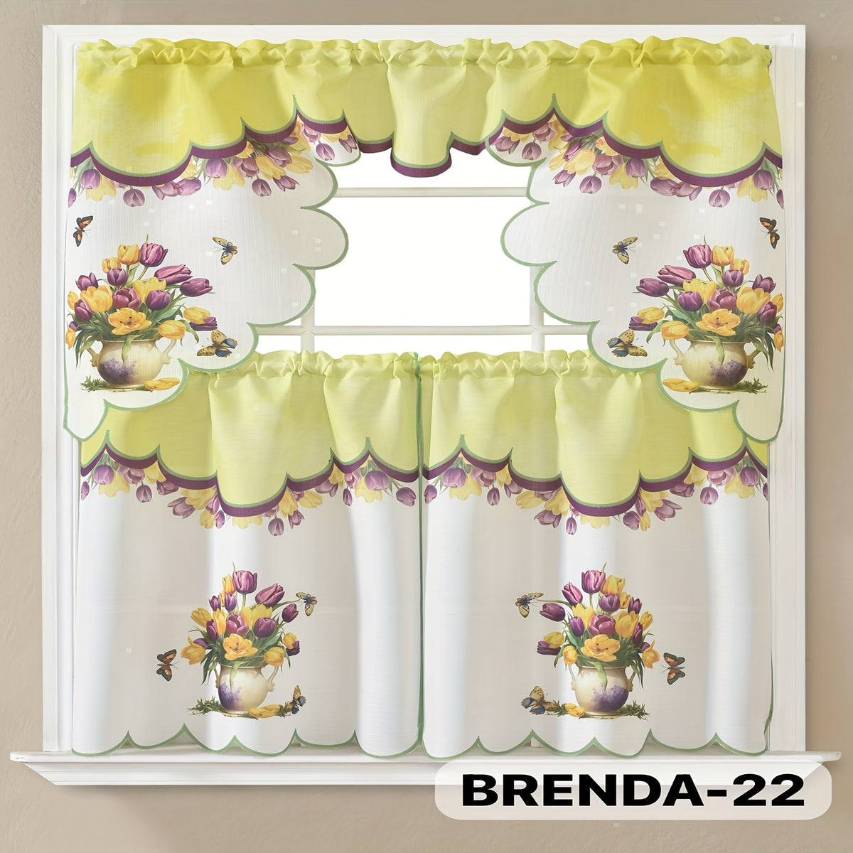 3pcs Bamboo Embroidered Kitchen Curtain Set, Floral Embroidery, Lightweight and Soft, Easy Care, Machine Washable, Satin Fabric, Embroidered