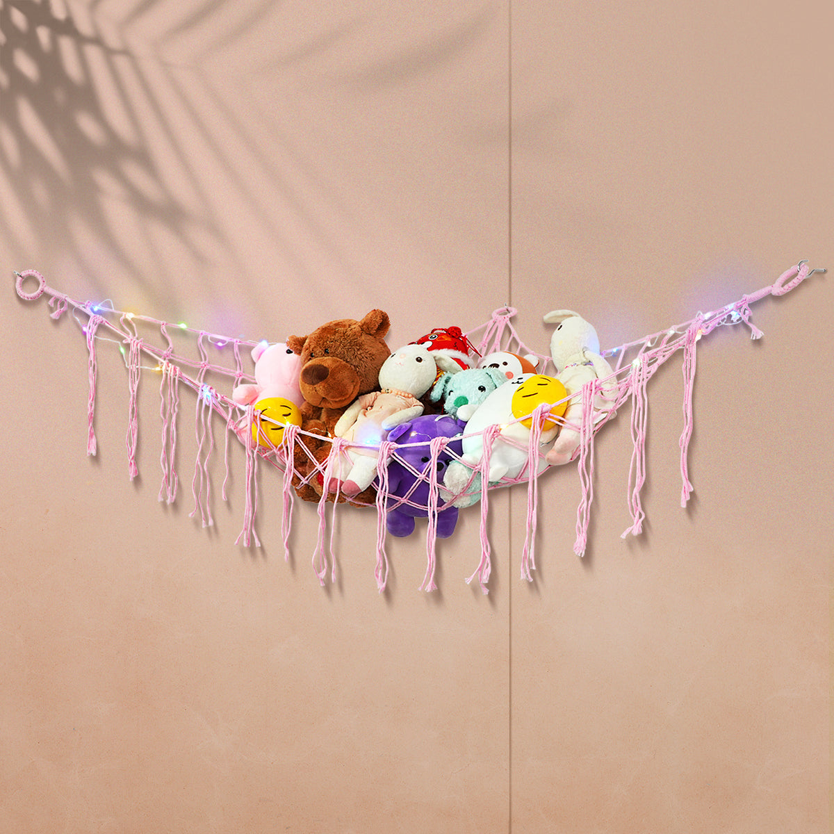 Stuffed Animal Storage Hammock with Lights, Polyester Corner Hanging Plush Toy Net with 3 Hooks in Pink, Blue, White or Black for Bedroom Organization
