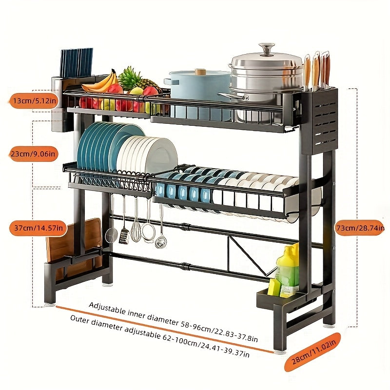 1pc Countertop Dish Rack & Drain Tray Extendable Kitchen Sink Shelf Dish Holder & Drain Rack Black Kitchen Storage Rack