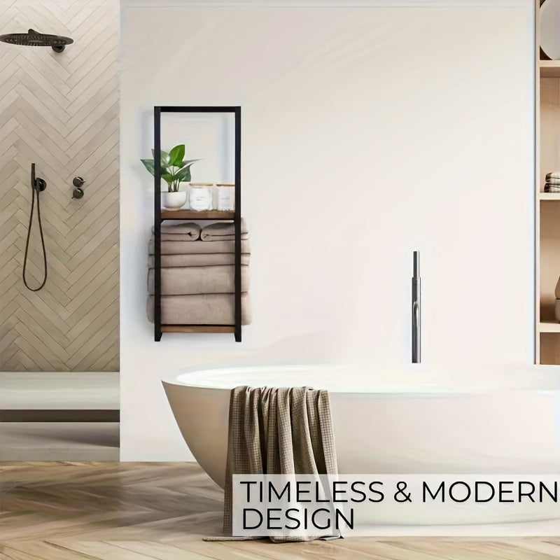 1Pc 2-Tier Bathroom Towel Rack With Shelf - Wall-Mounted Towel And Essentials Storage Rack | Modern Bathroom Elegant Metal And Wood Design, Wall-Mounted Towel Storage Rack, Bedroom Organizer, Bathroom Towel Rack, Bathroom Towel Storage