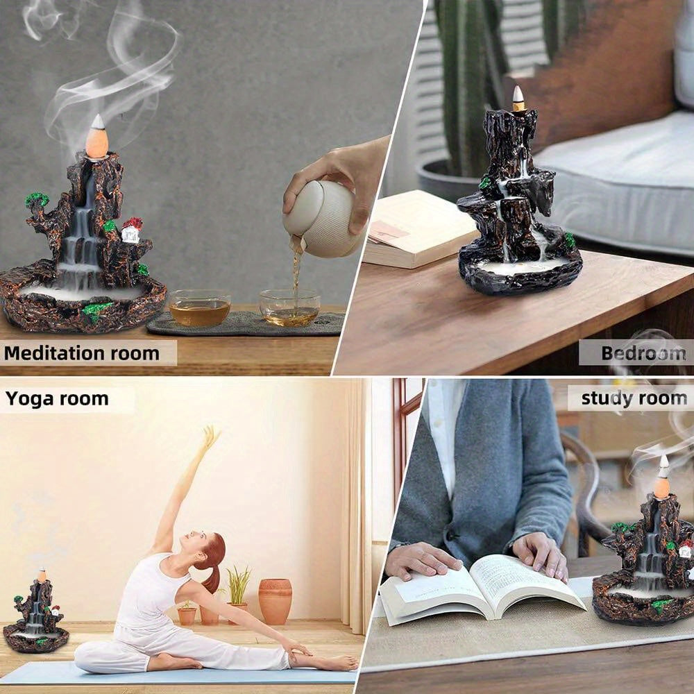 Resin Incense Waterfall Burner Stand with 60 Cones - Waterfall Smoke Burner Suitable for, Office, Yoga Studio, Meditation Room, Stone Brown Resin Cone Holder for & Zen Decor (No Refillable)
