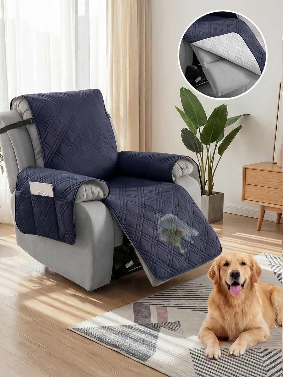 Recliner Protector Cover with Side Pocket, One-Piece Quilted Chair Cover with Elastic Band for Pet Households and Everyday Living Room Furniture Care
