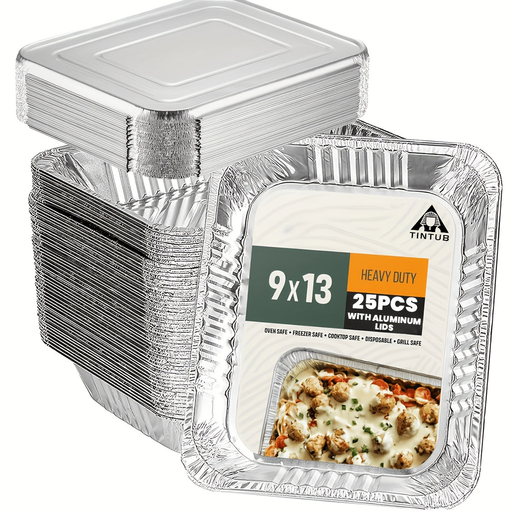 25 Pack Heavy-Duty Disposable Aluminum Pans with Lids - 9x13 Half-Size Baking Sheets, Chafing Trays & Oven Steam Table Pans for roasting, reheating, Cooking - Commercial/ Use (25 Count) | Durable Foil Trays with Covers