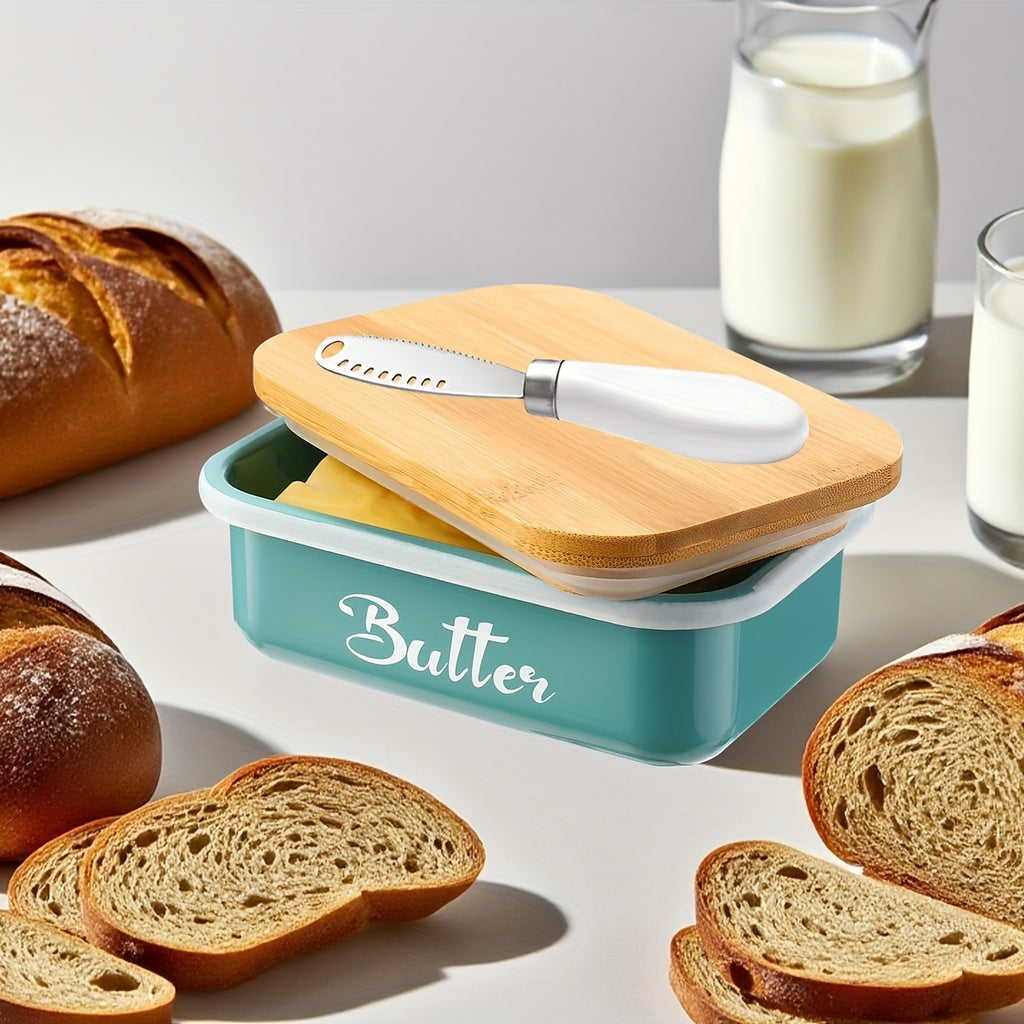 Iron Butter Tray with Bamboo Cover and Knife Large Capacity - Airtight Cheese Storage Box Kitchen Storage Items - Complete Colors - Mother's Day Thanksgiving Christmas Gifts Butter Storage Container Holiday Serving Elegant Durable