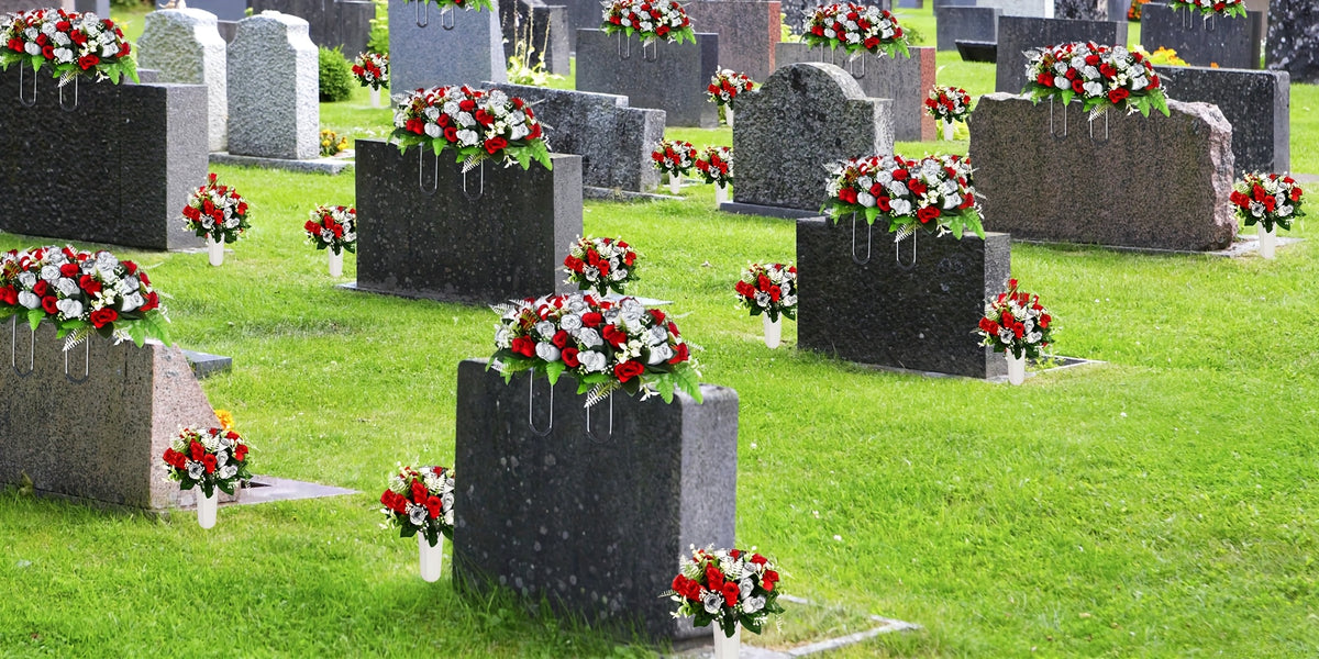 1/3pcs Artificial Cemetery Flowers for Graves with Saddles, Artificial Silkyy Rose Flowers And Bouquets with Vases, Headstone Flower Saddle, Memorial Day Flowers for Cemetery, Outdoor Grave Headstone Decoration