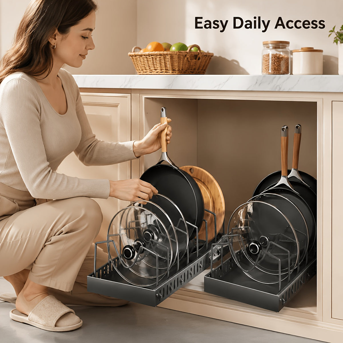 1/2pcs Pull-Out Pot And Pan Storage Box for Cabinets, Kitchen Sliding Lid Rack And Pan Holder, Cabinet Sliding Storage Box for Storing Lids, Baking Tools, And Plates, 8/16 Adjustable Dividers, Kitchen Decor And Additions Pots And Pans Organizer