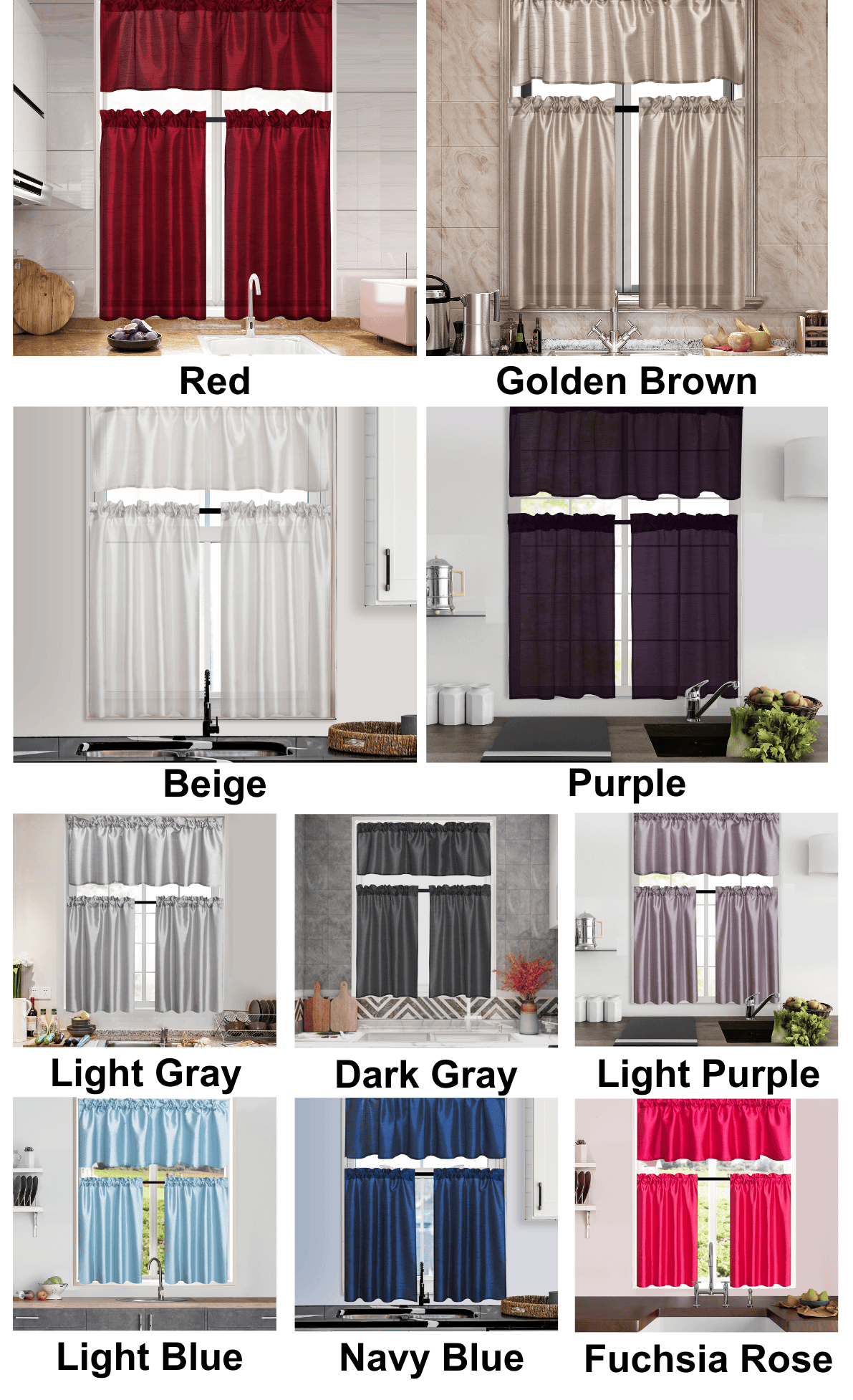 3 Panels Faux Silk Solid Color Sheer Kitchen Curtains Set Rod Pocket Design with 2 Tiers 26x36 inch Each and 1 Valance 52x14 inch for Kitchen Bathroom Privacy Drapes and curtains