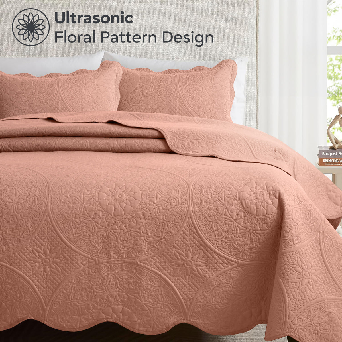 3pcs Luxury Quilted Bedspread Set – Oversize Quilt Coverlet Soft & Cozy Floral Bedspread with Pillow Shams, Breathable Lightweight for Bedroom & Guest Room Decor